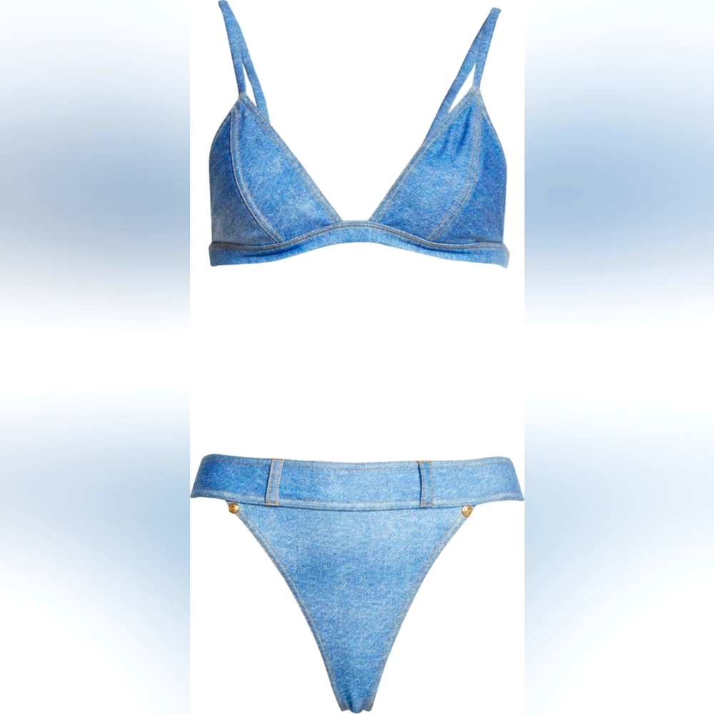BALMAIN Denim Print Two-Piece Swimsuit